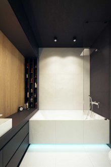 Warna hitam, putih dan coklat di bahagian dalam bilik mandi