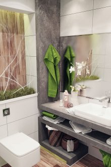 Aksen hijau dalam tab mandi putih dan kelabu