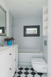 Warna putih, hitam dan biru dalam reka bentuk bilik mandi