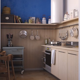 Brown, blue and white colors in the design of the kitchen.