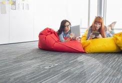 Red and yellow bean bag chair in the interior