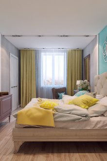 Yellow and turquoise accents in the bedroom