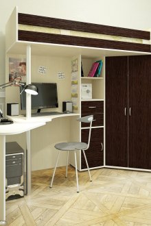 Кафяво и бяло таванско легло с работно място