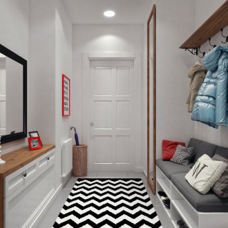 Кафяви, черни и бели цветове в интериора на коридора