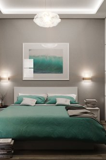 Turquoise, gray and white colors in a small bedroom