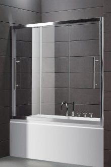 Tirai kaca gelongsor di bilik mandi coklat dan putih yang luas