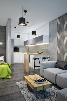 Сиви и зелени цветове в интериора на студио апартамент