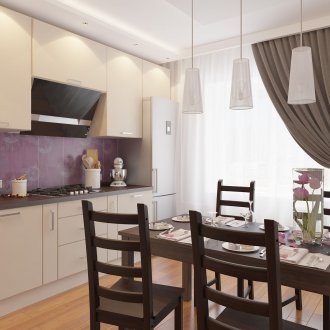 Кафява и бежова кухня с лилав акцент