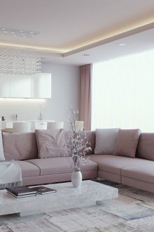 Модерен полилей с опънат таван в хола-кухнята