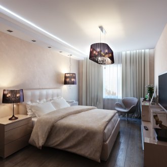 Красиви полилеи в спалнята с опънат таван