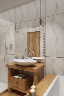 Bilik mandi berwarna coklat dan putih tanpa tandas