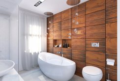 Wooden wall and white mosaic in the design of the bathroom walls