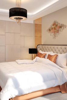 Кръгъл полилей в модернистична спалня