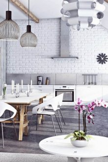 Тапет под бяла тухла в хола-кухнята