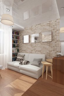 Кафяво-бежов тапет под тухла в хола-кухнята