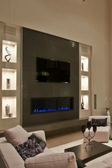 Ниши за гипсокартон в модерен хол с камина