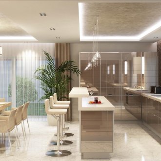 Bilik dapur-makan dengan bar sarapan