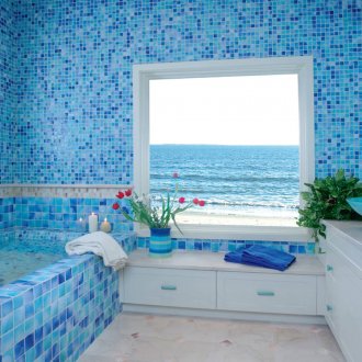 Mosaic in blue tones in a spacious bathroom