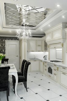 Огледален таван в черно-бяла кухня