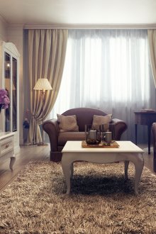 Кафяви мебели и бежови тапети в хола