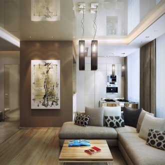 차분한 브라운 톤의 거실.