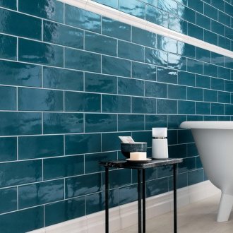 Blue entrance door with a mirror