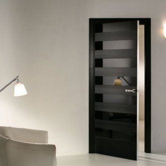 Black entrance door with mirrored stripes