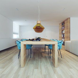Kitchen without hanging cupboards in a country house