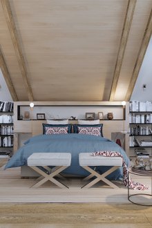 Таванска спалня в стил Арт Нуво с дървени рафтове и таван