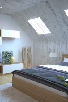 Таванска спалня с дървени стени и тавански тавани.
