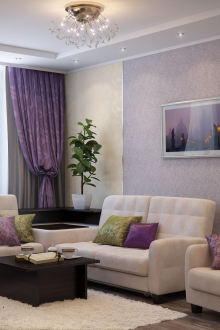 Интериор на всекидневната с люлякови акценти