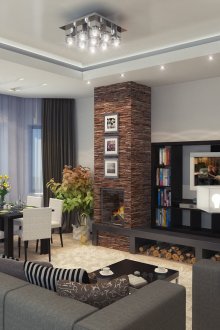 Дизайн хол с камина в съчетание с трапезария