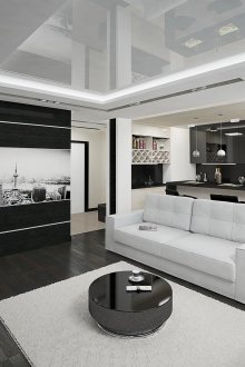 Модерен високотехнологичен дизайн на хола и трапезарията