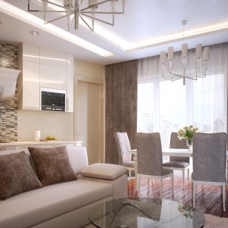 Бежово-сив дизайн на комбинираната всекидневна и кухня