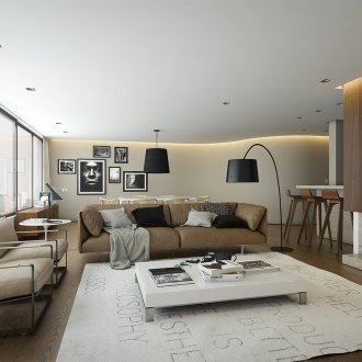 Дневна в съвременен стил в кафяви тонове.