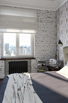 Бяла тухлена стена и светъл тапет в интериора на спалнята