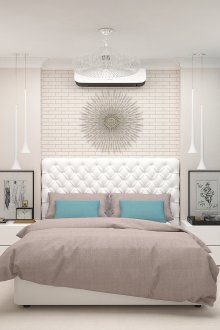Бяла тухлена стена в интериора на светла спалня