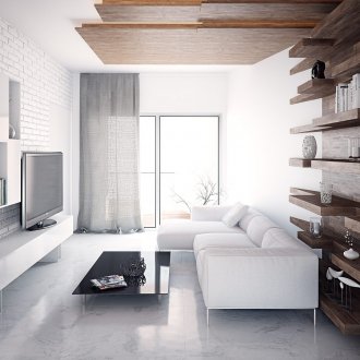 Бяла тухла и дървени рафтове в хола