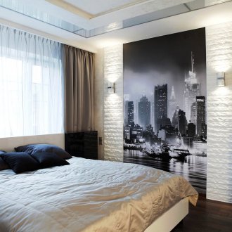 Мазилка декоративен камък в интериора на спалнята