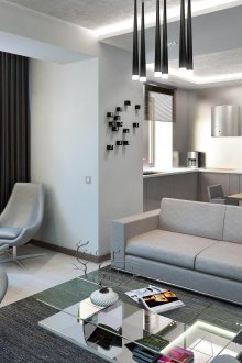 The combined areas of the kitchen and living room in gray soothing colors