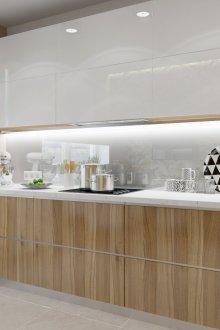 Glossy kitchen with wooden drawers