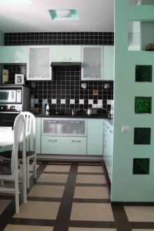 Преграда със стъклени блокове между кухнята и хола