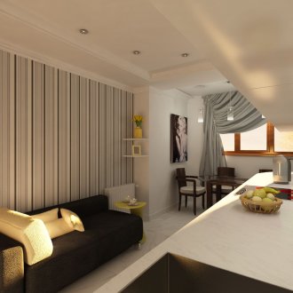 Eine Küche mit großem Fenster und mehrstöckiger Decke wirkt größer