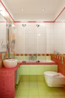 Die kontrastierenden hellen Wände im Badezimmer machen es etwas größer.