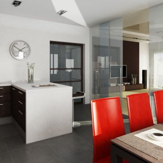 Червени акценти в бяла и сива кухня