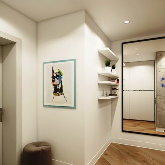 Картина, изобразяваща куче в коридора