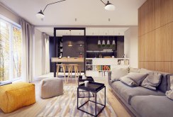 Beautiful modern living room interior with wood paneling.