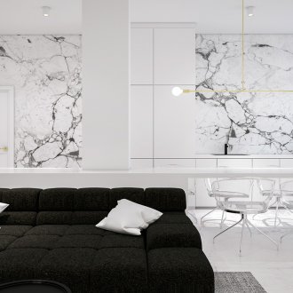 Minimalistische Marmorwände im Wohnzimmer