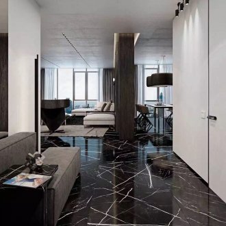 Schwarzer Marmorboden mit weißen Adern in der Eingangshalle