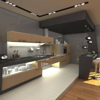 Голяма модерна кухня с бар за закуска